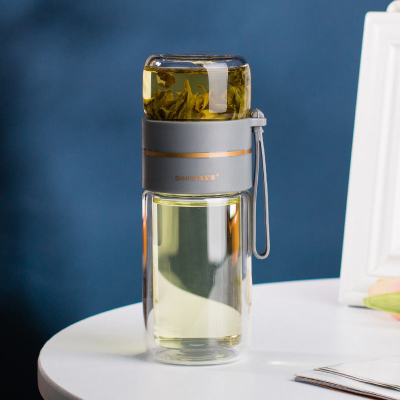 Leakproof Double Wall Glass Water Bottle with Tea Infuser and Tea Separation Design