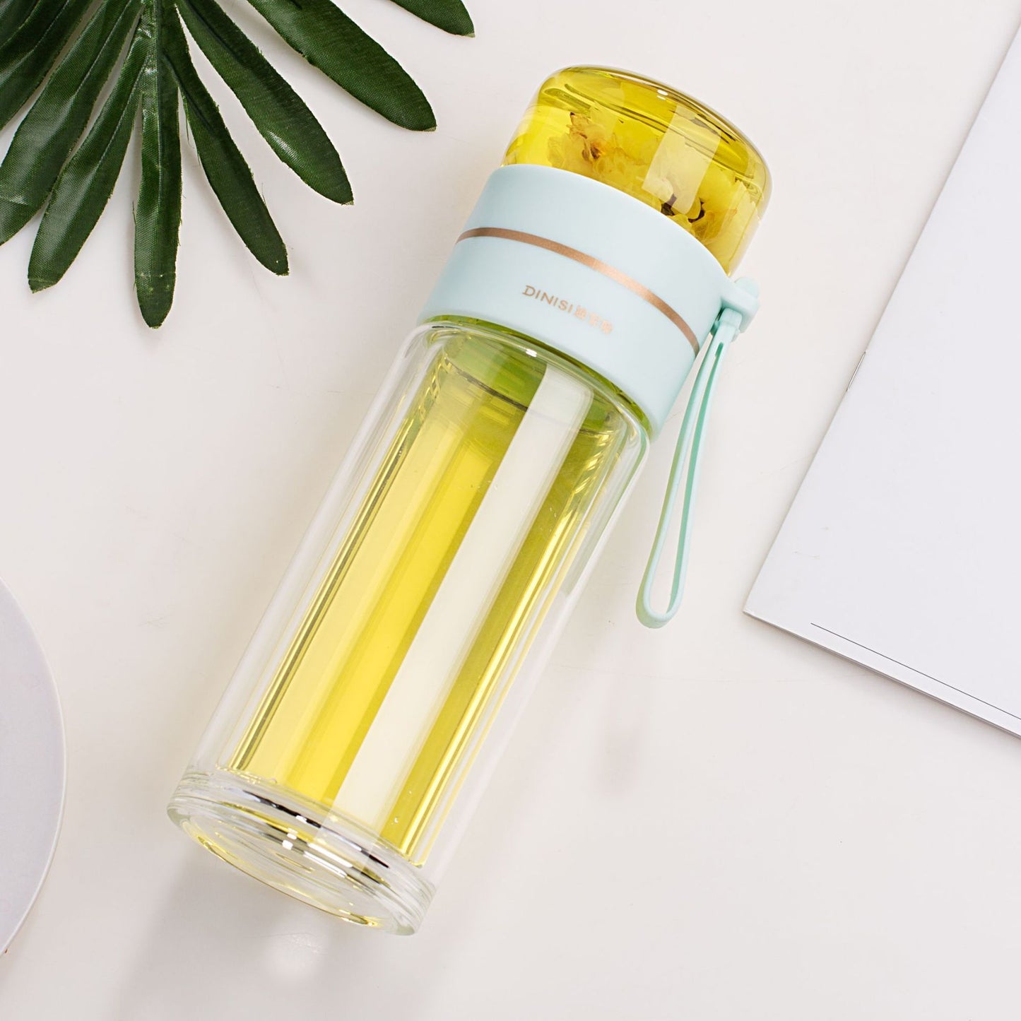 Leakproof Double Wall Glass Water Bottle with Tea Infuser and Tea Separation Design