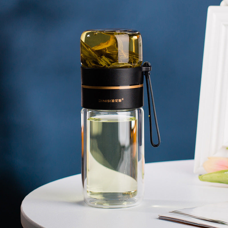 Leakproof Double Wall Glass Water Bottle with Tea Infuser and Tea Separation Design