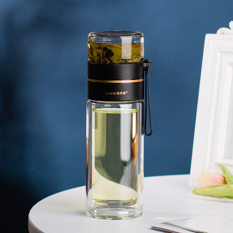 Leakproof Double Wall Glass Water Bottle with Tea Infuser and Tea Separation Design