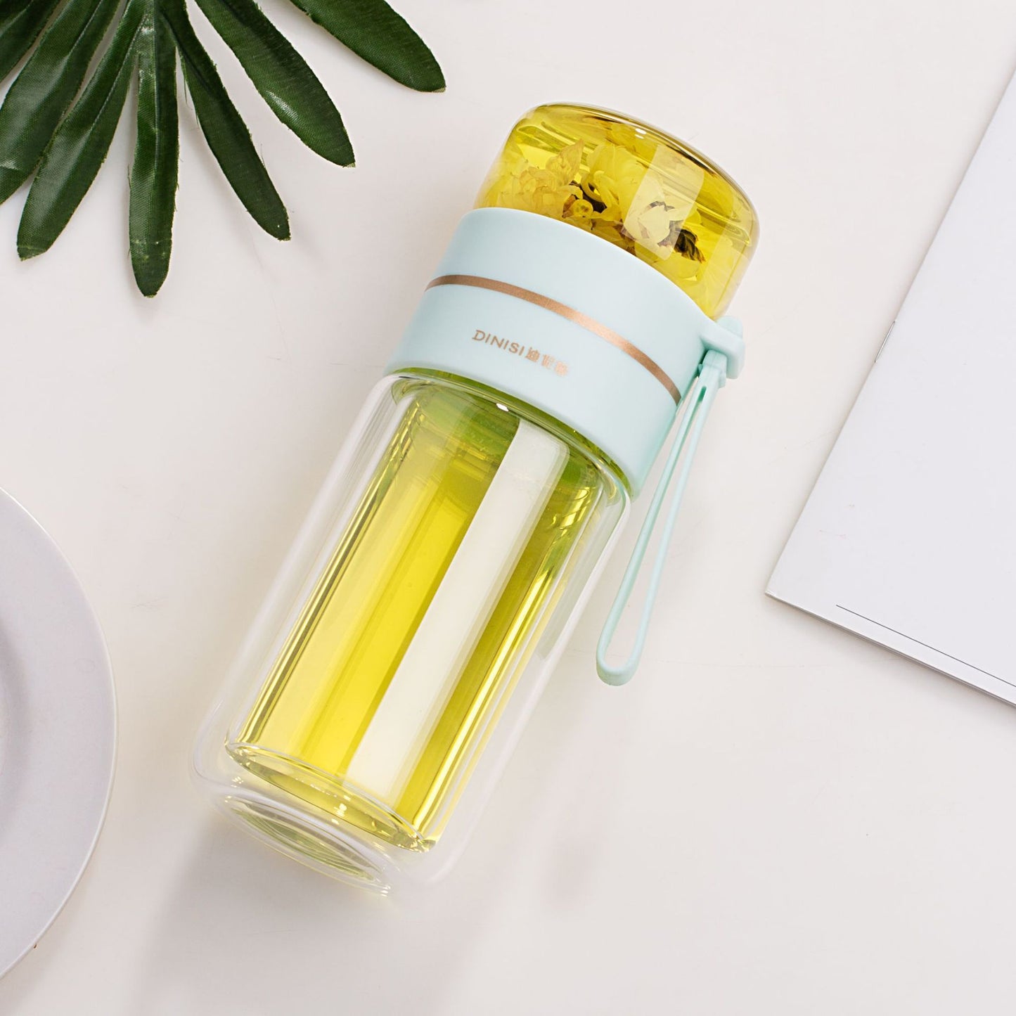 Leakproof Double Wall Glass Water Bottle with Tea Infuser and Tea Separation Design