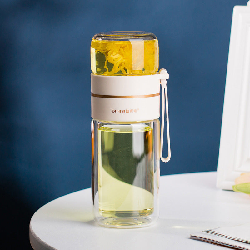 Leakproof Double Wall Glass Water Bottle with Tea Infuser and Tea Separation Design