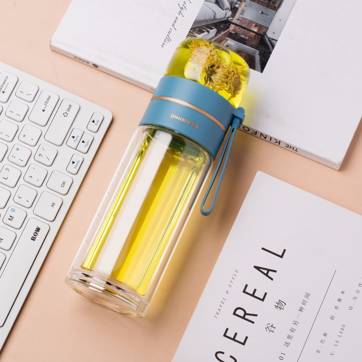 Leakproof Double Wall Glass Water Bottle with Tea Infuser and Tea Separation Design