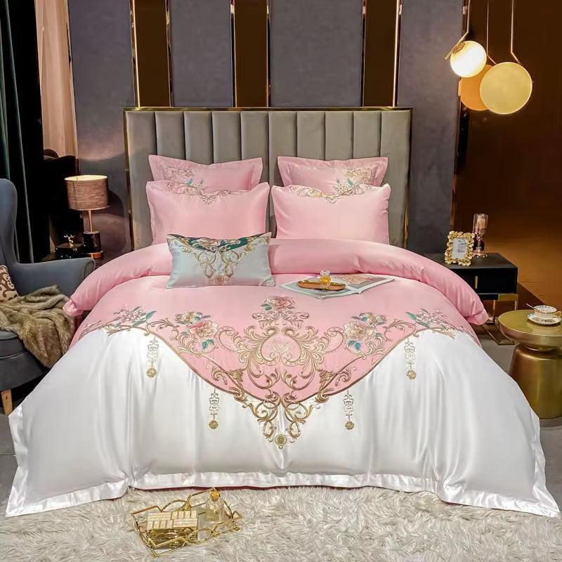 Super King 4Pcs Satin Cotton Rich Silky Duvet Cover Set Embroidery Patchwork Bedding Set Soft Cotton Bed Sheet Pillowcases