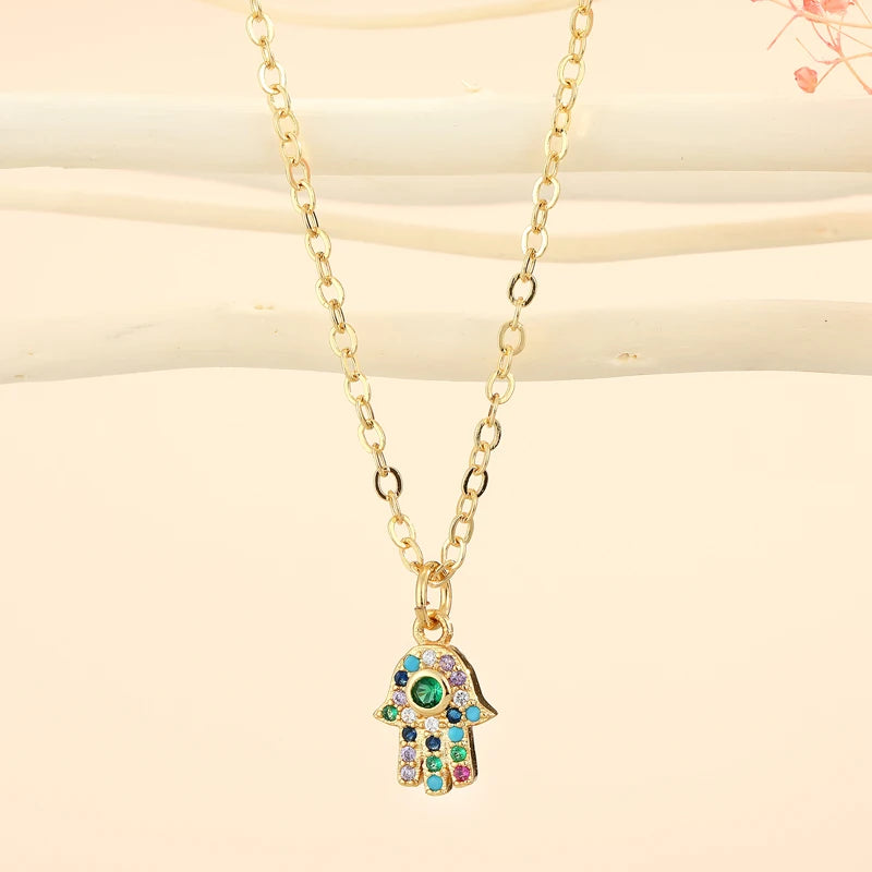 Turkish Crystal Evil Eye Hamsa Pendant Necklace for Women - Trendy Hollow Out Clavicle Chain Jewelry