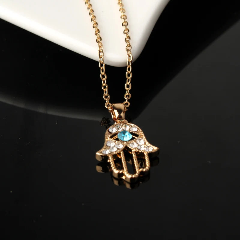Turkish Crystal Evil Eye Hamsa Pendant Necklace for Women - Trendy Hollow Out Clavicle Chain Jewelry
