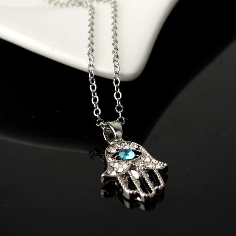 Turkish Crystal Evil Eye Hamsa Pendant Necklace for Women - Trendy Hollow Out Clavicle Chain Jewelry