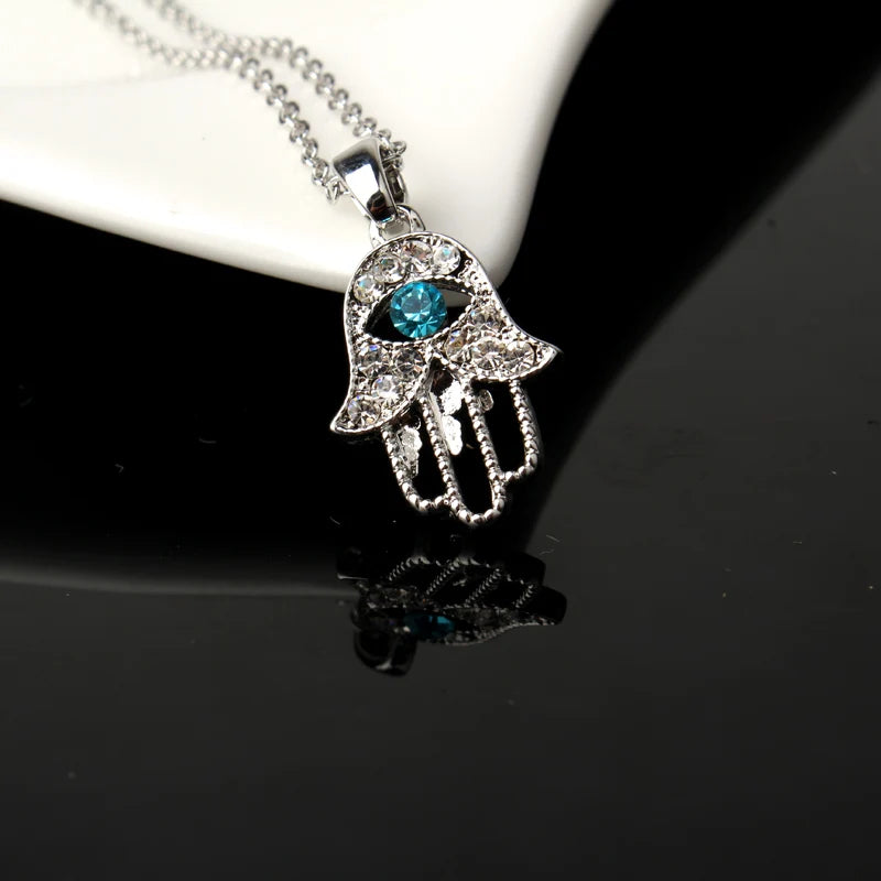 Turkish Crystal Evil Eye Hamsa Pendant Necklace for Women - Trendy Hollow Out Clavicle Chain Jewelry