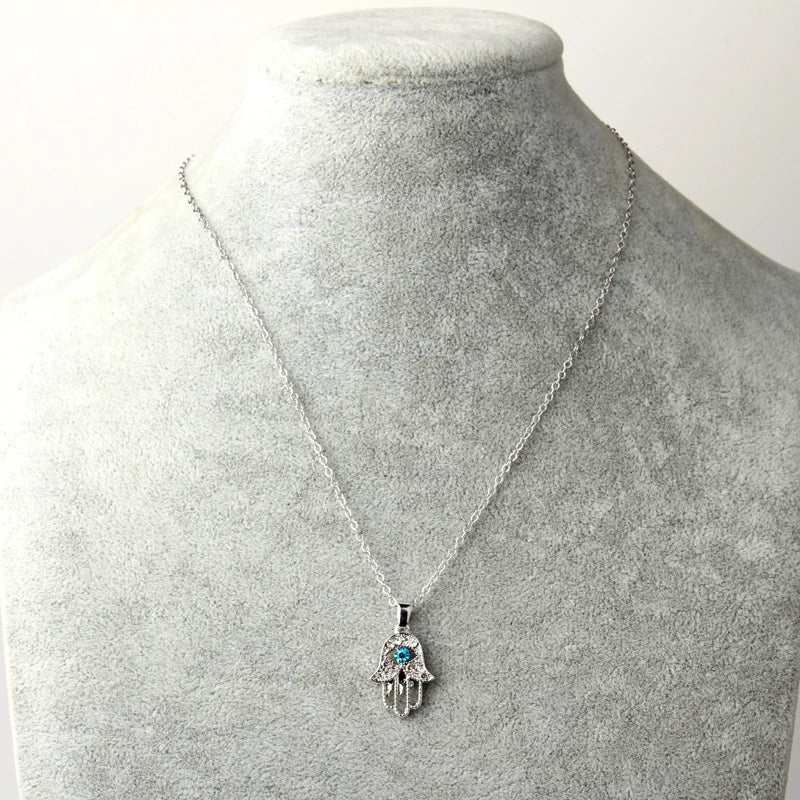 Turkish Crystal Evil Eye Hamsa Pendant Necklace for Women - Trendy Hollow Out Clavicle Chain Jewelry