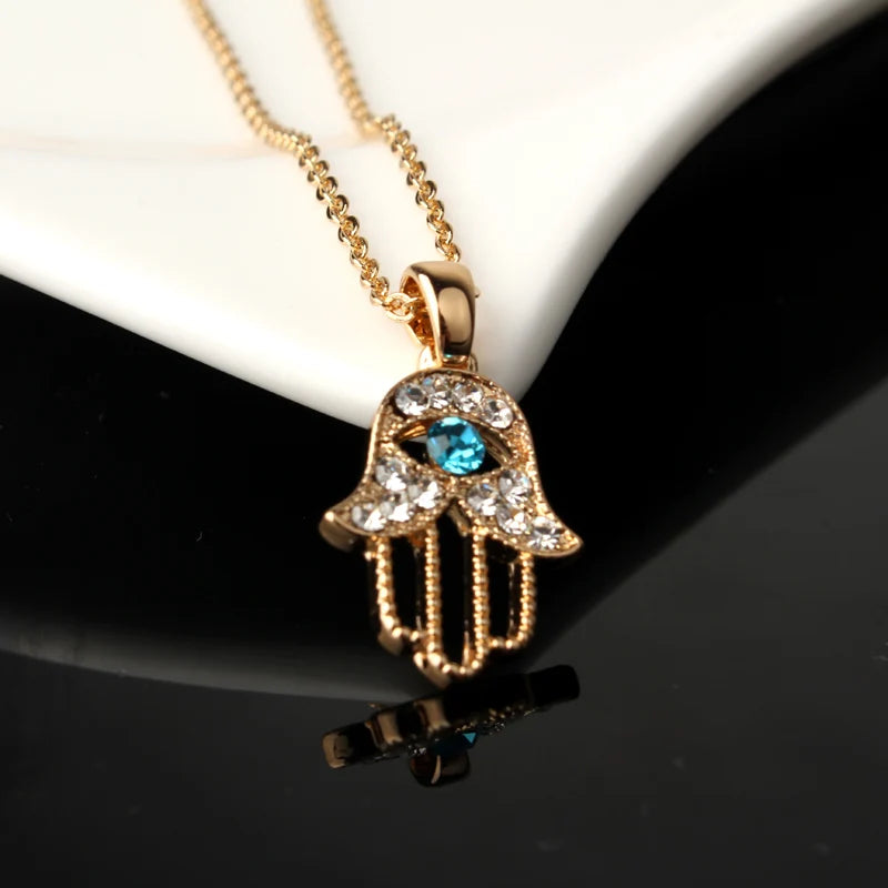 Turkish Crystal Evil Eye Hamsa Pendant Necklace for Women - Trendy Hollow Out Clavicle Chain Jewelry
