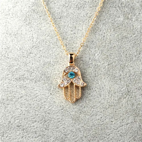 Turkish Crystal Evil Eye Hamsa Pendant Necklace for Women - Trendy Hollow Out Clavicle Chain Jewelry