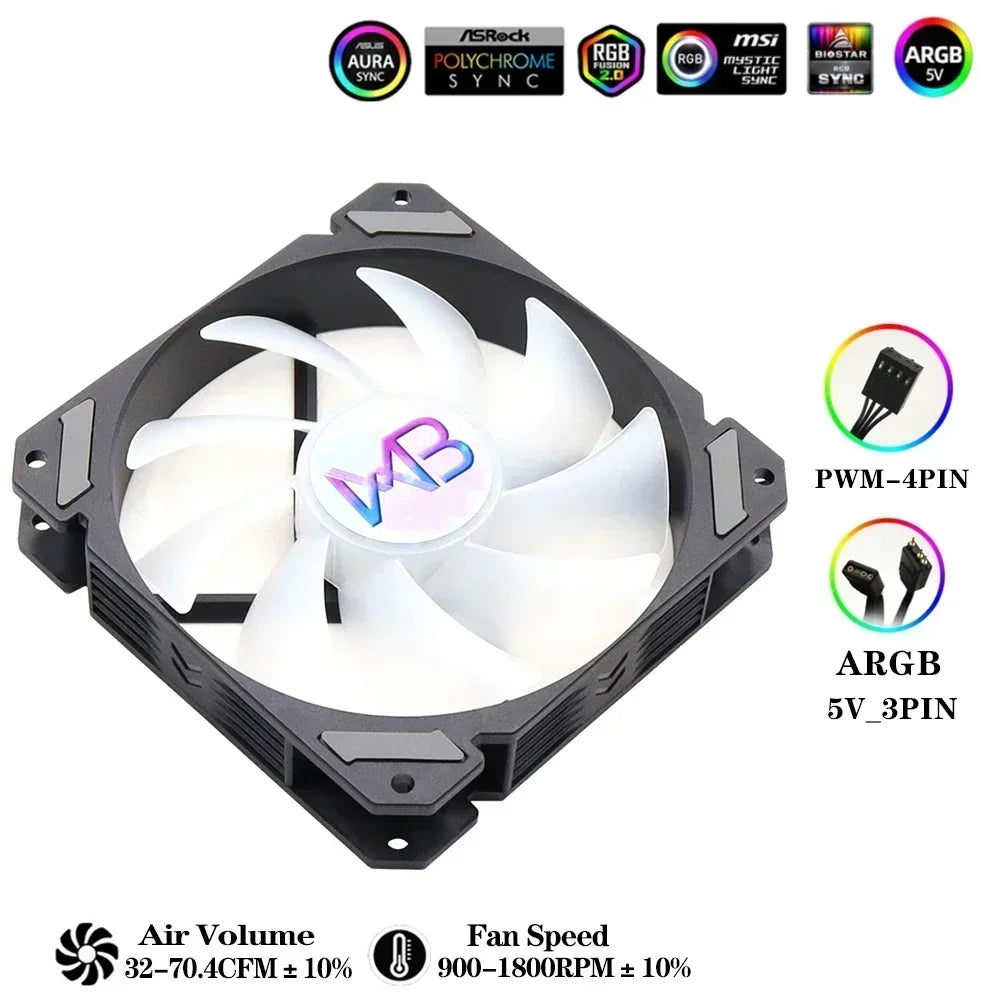 Wovibo 120mm ARGB RGB Fan Cooler with PWM Control - White and Black 12cm PC Cooling Case Radiator