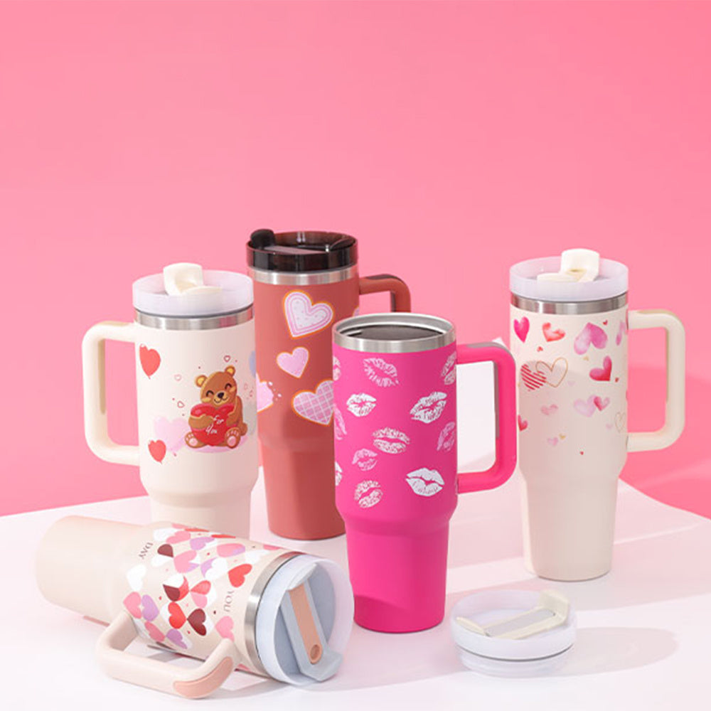 40 Oz Insulated Stainless Steel Tumbler with Handle and Straw - Perfect for Coffee, Travel, Gym, and Office - Spill Proof Vacuum Mug Gift for Valentine's Day and Beyond