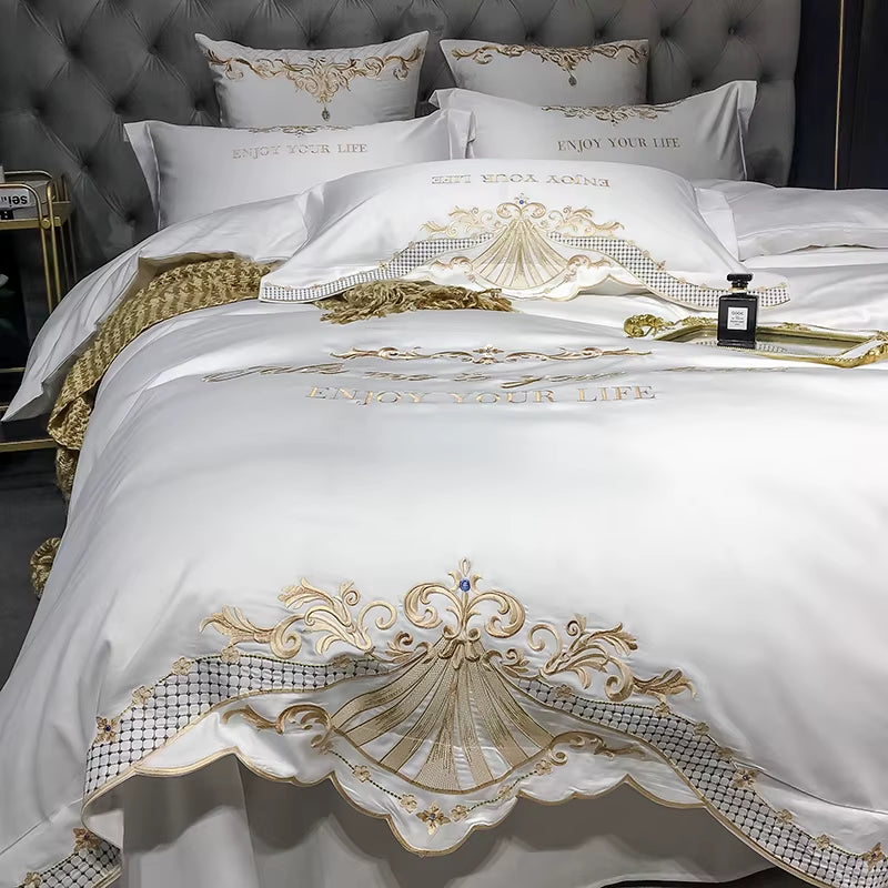 New Luxury White 600TC Egyptian Cotton Royal Embroidery Palace Bedding Set Duvet Cover Bed Sheet Bed Linen Pillowcases 4Pcs #/L