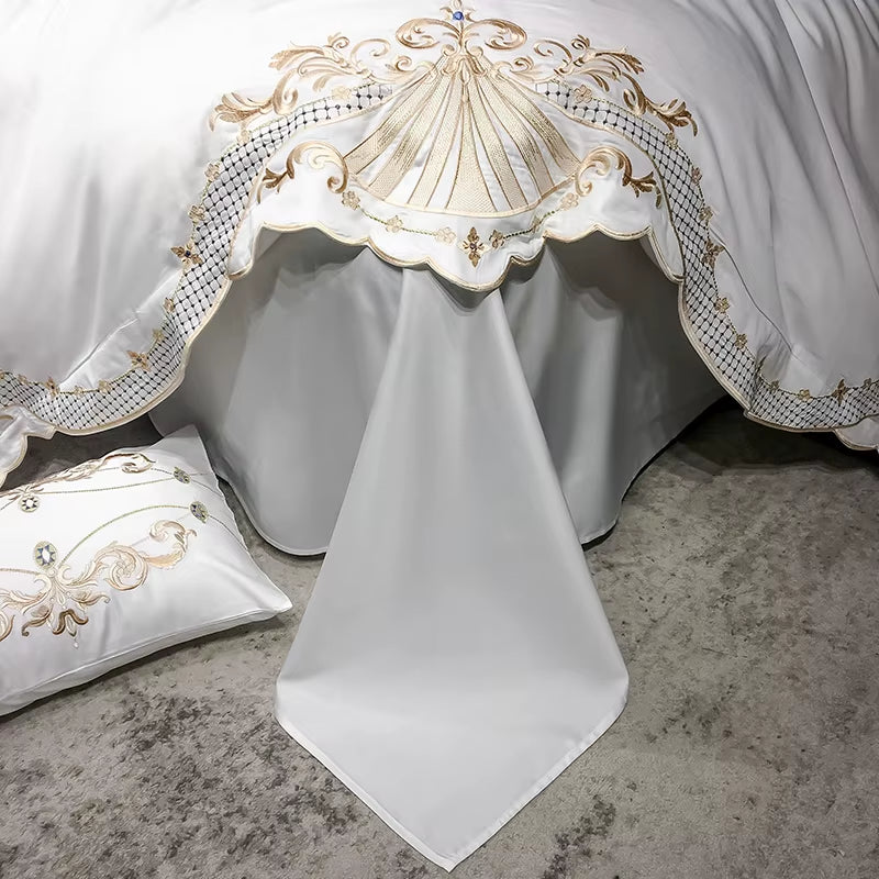 New Luxury White 600TC Egyptian Cotton Royal Embroidery Palace Bedding Set Duvet Cover Bed Sheet Bed Linen Pillowcases 4Pcs #/L