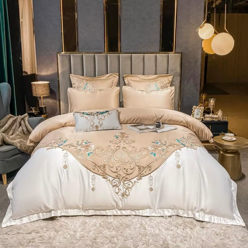 Super King 4Pcs Satin Cotton Rich Silky Duvet Cover Set Embroidery Patchwork Bedding Set Soft Cotton Bed Sheet Pillowcases