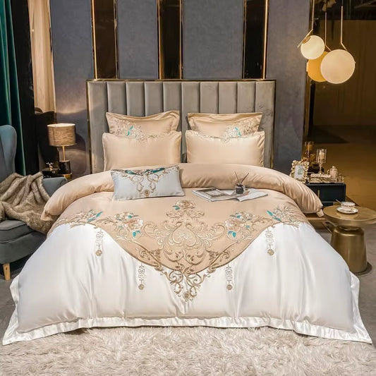 Super King 4Pcs Satin Cotton Rich Silky Duvet Cover Set Embroidery Patchwork Bedding Set Soft Cotton Bed Sheet Pillowcases