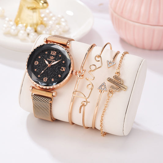 Elegant Starry Sky Women's Magnet Buckle Bracelet Watch with Roman Numerals and Health Reminder