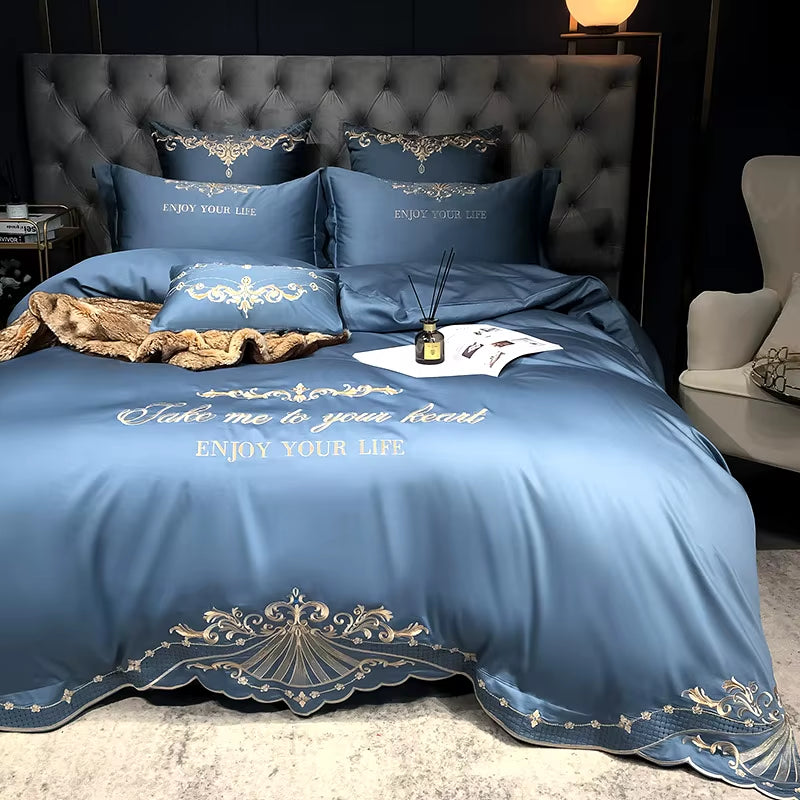 New Luxury White 600TC Egyptian Cotton Royal Embroidery Palace Bedding Set Duvet Cover Bed Sheet Bed Linen Pillowcases 4Pcs #/L