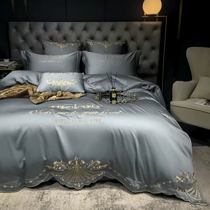 New Luxury White 600TC Egyptian Cotton Royal Embroidery Palace Bedding Set Duvet Cover Bed Sheet Bed Linen Pillowcases 4Pcs #/L