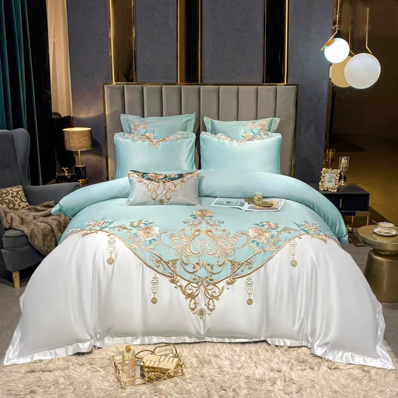 Super King 4Pcs Satin Cotton Rich Silky Duvet Cover Set Embroidery Patchwork Bedding Set Soft Cotton Bed Sheet Pillowcases