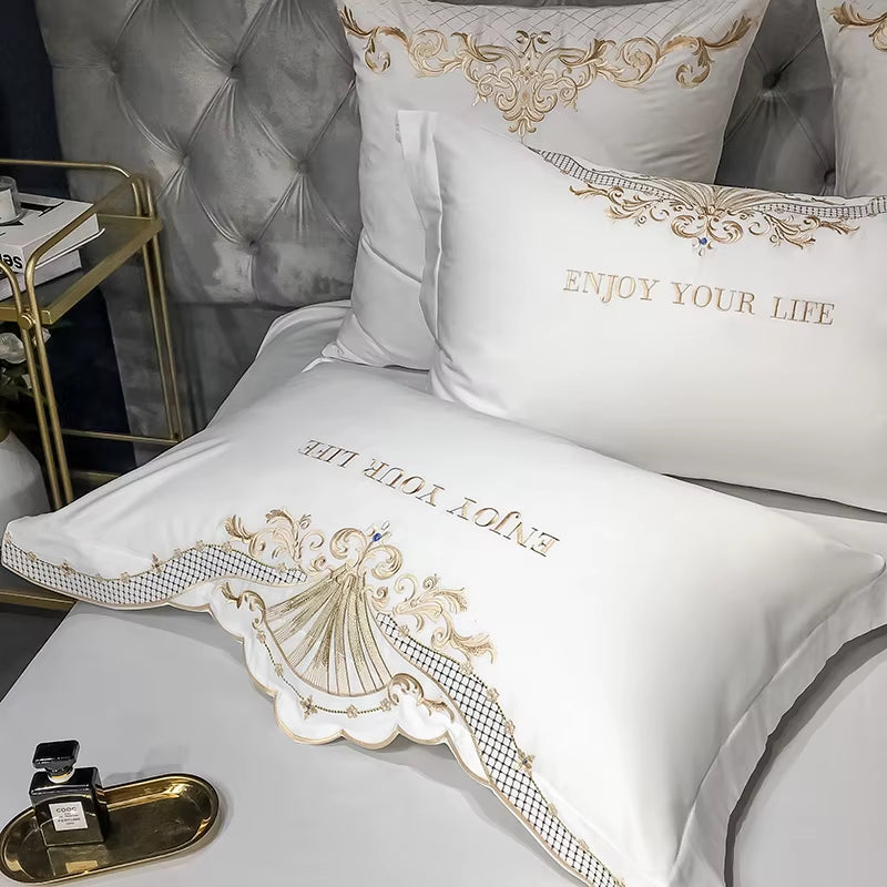 New Luxury White 600TC Egyptian Cotton Royal Embroidery Palace Bedding Set Duvet Cover Bed Sheet Bed Linen Pillowcases 4Pcs #/L