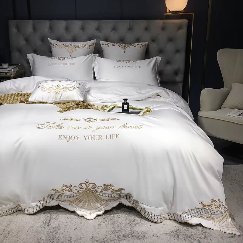 New Luxury White 600TC Egyptian Cotton Royal Embroidery Palace Bedding Set Duvet Cover Bed Sheet Bed Linen Pillowcases 4Pcs #/L