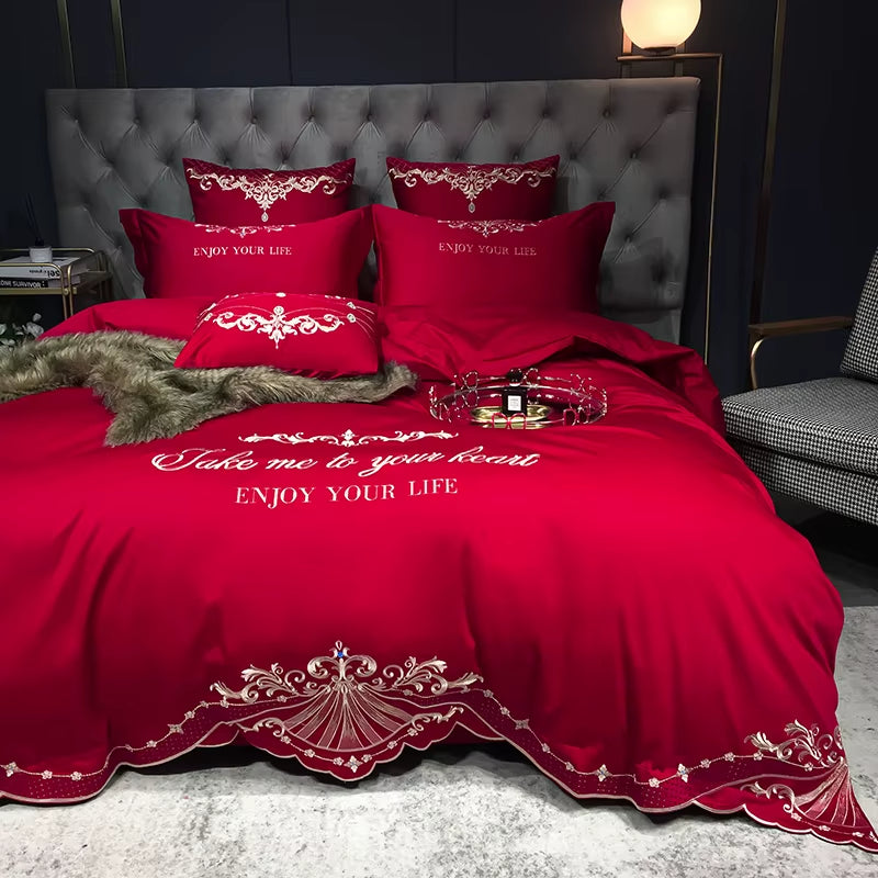 New Luxury White 600TC Egyptian Cotton Royal Embroidery Palace Bedding Set Duvet Cover Bed Sheet Bed Linen Pillowcases 4Pcs #/L