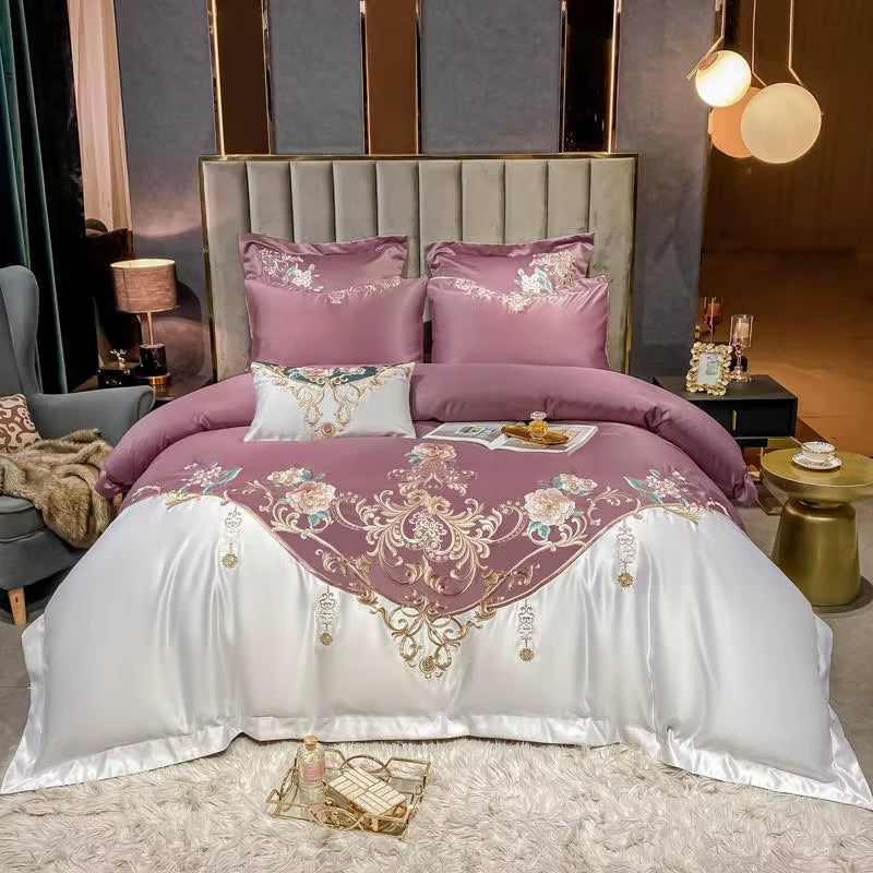 Super King 4Pcs Satin Cotton Rich Silky Duvet Cover Set Embroidery Patchwork Bedding Set Soft Cotton Bed Sheet Pillowcases