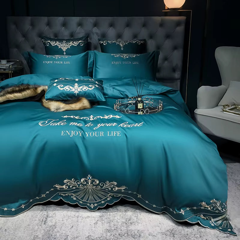 New Luxury White 600TC Egyptian Cotton Royal Embroidery Palace Bedding Set Duvet Cover Bed Sheet Bed Linen Pillowcases 4Pcs #/L