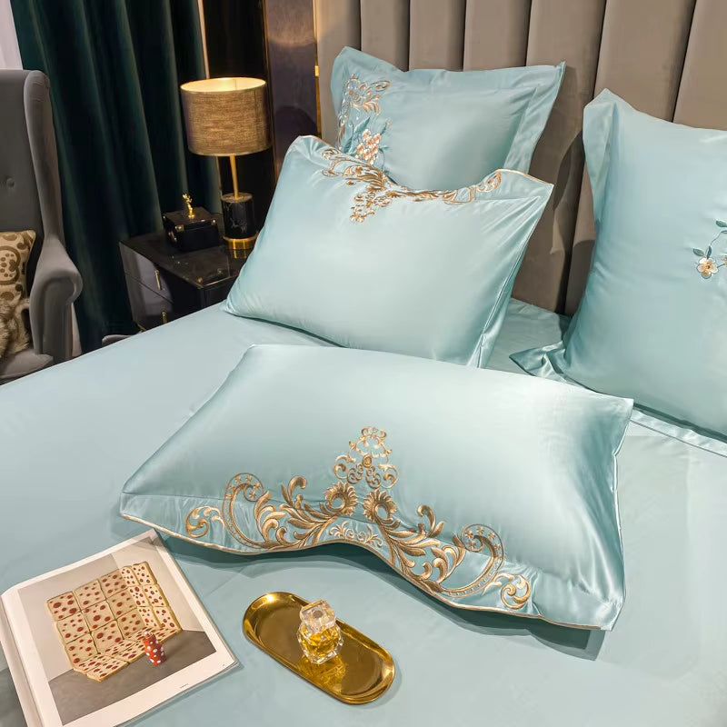 Super King 4Pcs Satin Cotton Rich Silky Duvet Cover Set Embroidery Patchwork Bedding Set Soft Cotton Bed Sheet Pillowcases