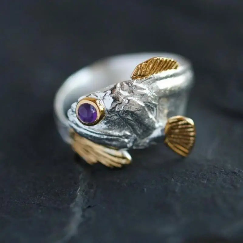 Vintage Adjustable Purple Eye Fish Ring for Unisex - Personalized Creative Lucky Cocktail Ring for Casual Events and Celebrations