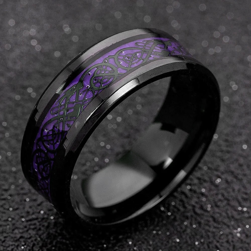 Men's 8MM Dragon-Themed Purple and Black Carbon Fiber Wedding Band - Stylish Stainless Steel Jewelry 2023