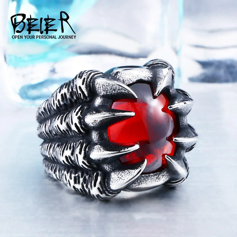 Exaggerated Heavy Metal Dragon Claw Ring with CZ Zircon - Trendy Men's Jewelry BR8-046