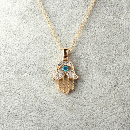 Turkish Crystal Evil Eye Hamsa Pendant Necklace for Women - Trendy Hollow Out Clavicle Chain Jewelry