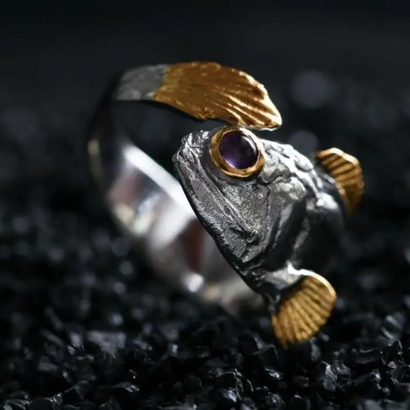 Vintage Adjustable Purple Eye Fish Ring for Unisex - Personalized Creative Lucky Cocktail Ring for Casual Events and Celebrations