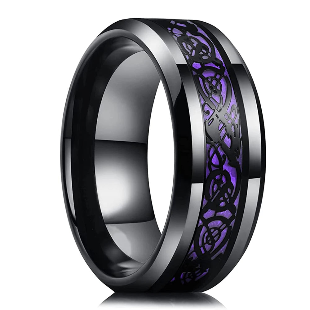 Men's 8MM Dragon-Themed Purple and Black Carbon Fiber Wedding Band - Stylish Stainless Steel Jewelry 2023