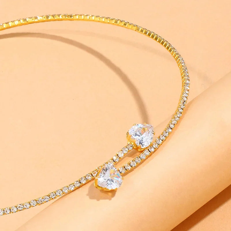 Rhinestone Adorned Heart Choker Necklace for Women - Elegant Open Collar Torque Jewelry Accessory