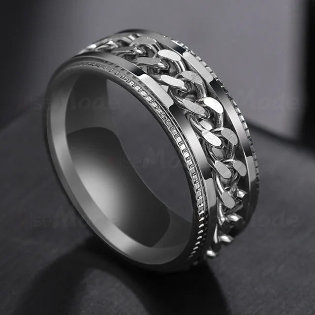 Edgy Stainless Steel Fidget Spinner Ring with Chain Pattern for Alternative Style Enthusiasts