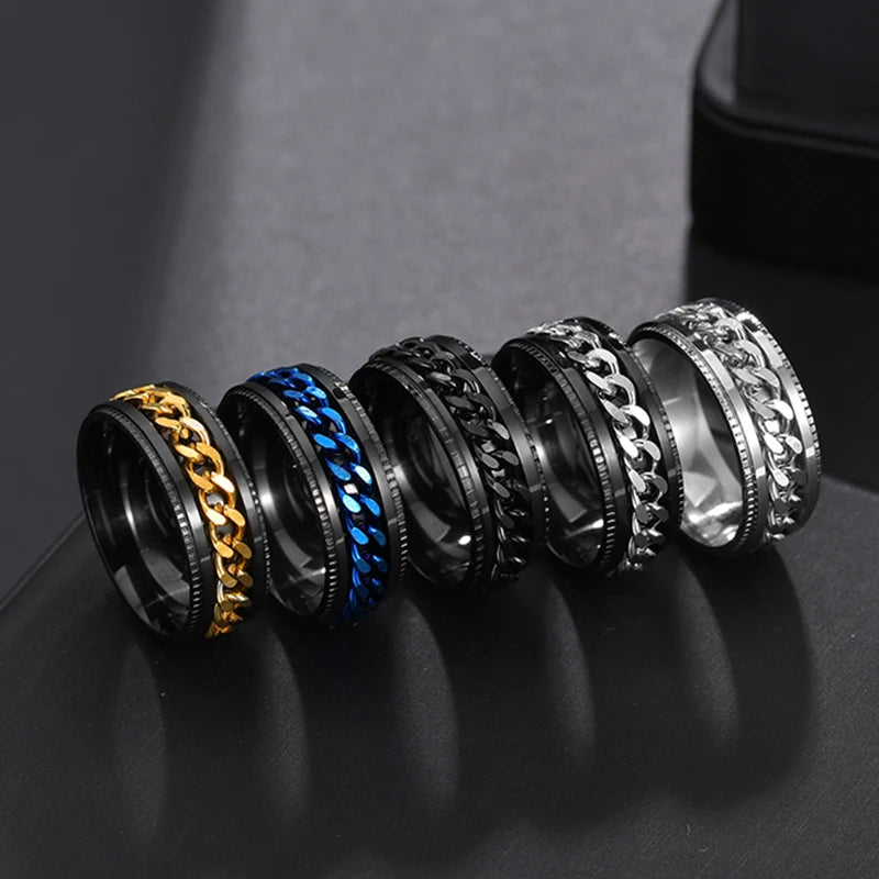 Edgy Stainless Steel Fidget Spinner Ring with Chain Pattern for Alternative Style Enthusiasts