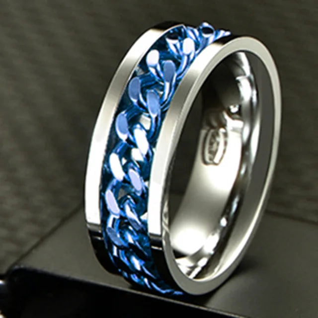 Edgy Stainless Steel Fidget Spinner Ring with Chain Pattern for Alternative Style Enthusiasts