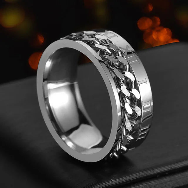 Edgy Stainless Steel Fidget Spinner Ring with Chain Pattern for Alternative Style Enthusiasts