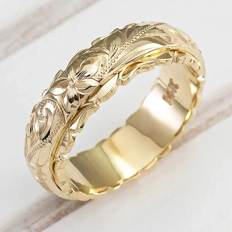 Romantic 14k Gold-Plated Floral Engagement Ring with Suspended Carved Rose