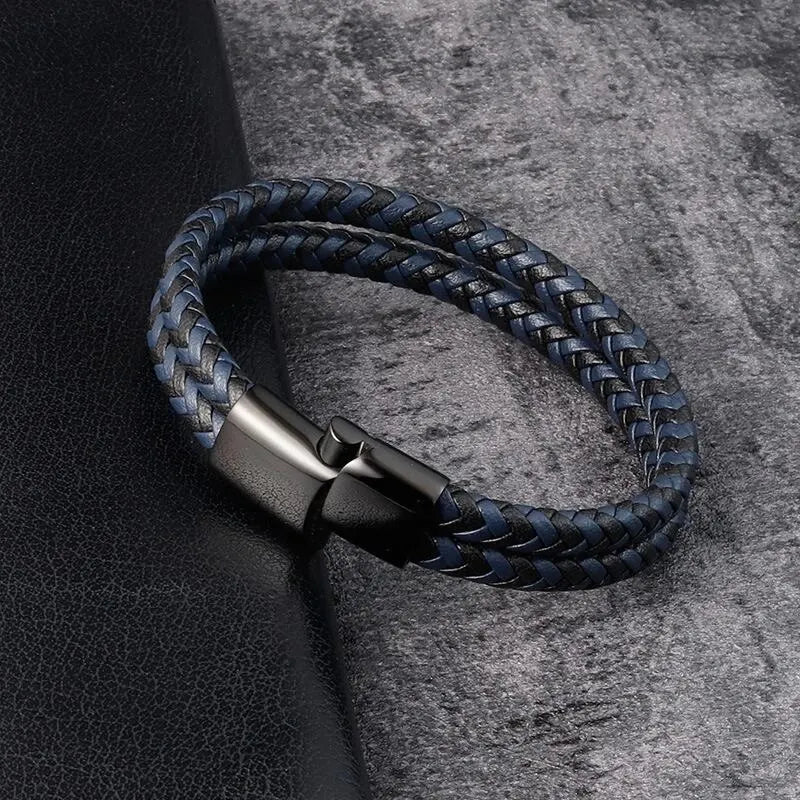 Men's Double Band Black and Blue Braided Leather Bangle Bracelet