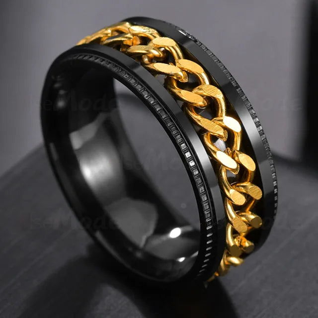 Edgy Stainless Steel Fidget Spinner Ring with Chain Pattern for Alternative Style Enthusiasts