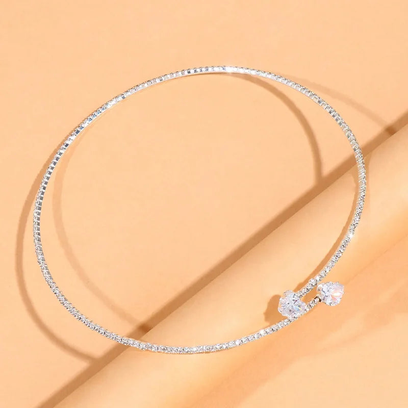 Rhinestone Adorned Heart Choker Necklace for Women - Elegant Open Collar Torque Jewelry Accessory