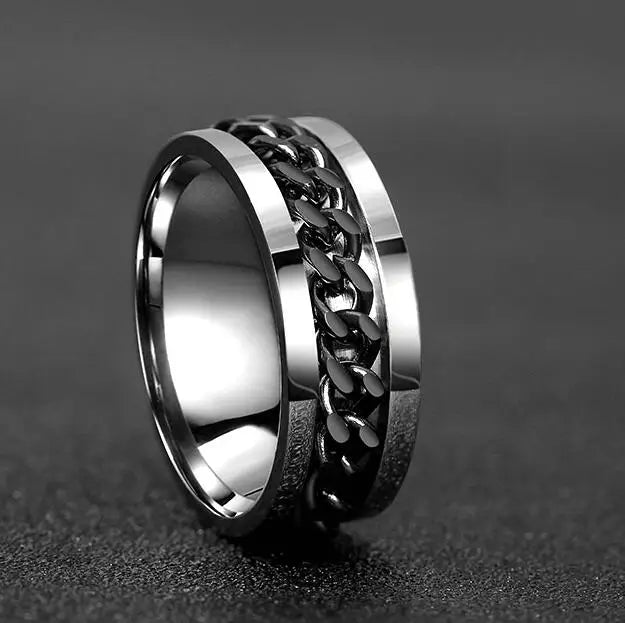 Edgy Stainless Steel Fidget Spinner Ring with Chain Pattern for Alternative Style Enthusiasts