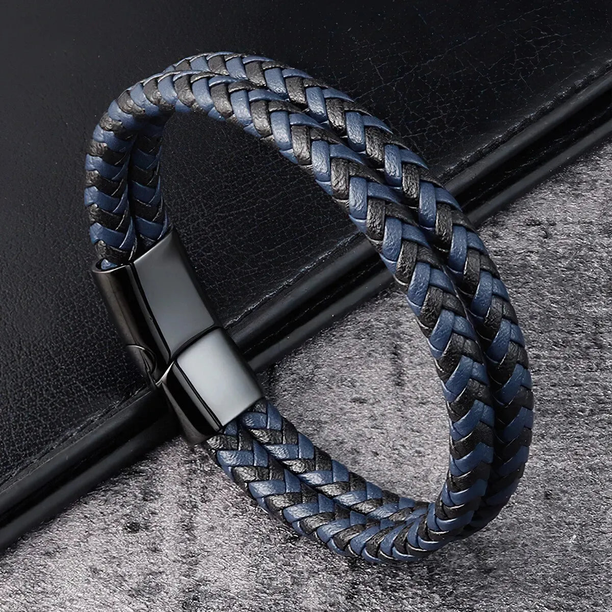 Men's Double Band Black and Blue Braided Leather Bangle Bracelet