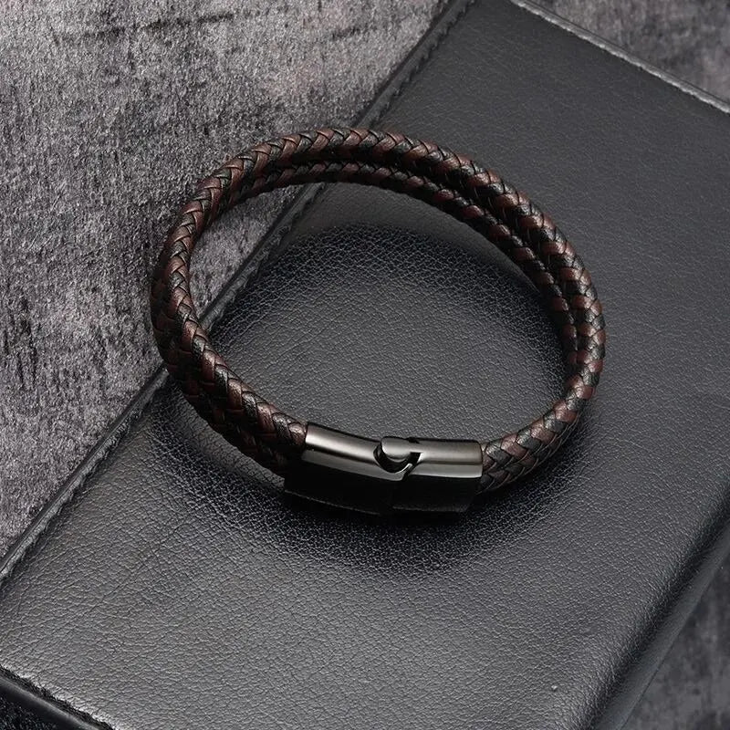 Men's Double Band Black and Blue Braided Leather Bangle Bracelet