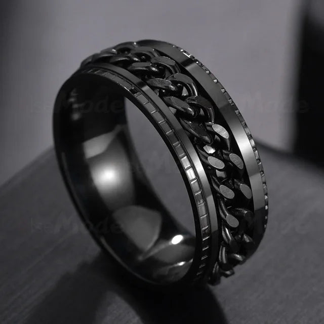 Edgy Stainless Steel Fidget Spinner Ring with Chain Pattern for Alternative Style Enthusiasts